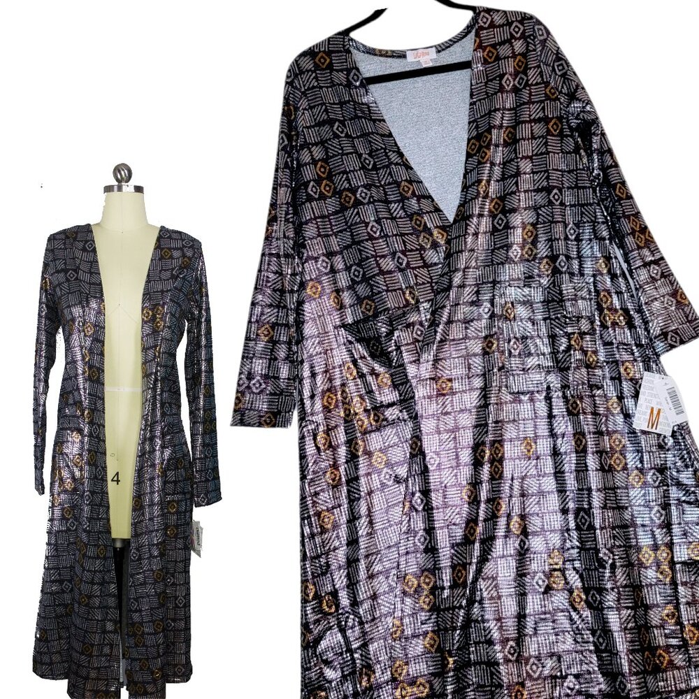 LuLaRoe Sarah Cardigan Medium Metallic Black Silver Gold Elegant Longline Duster
